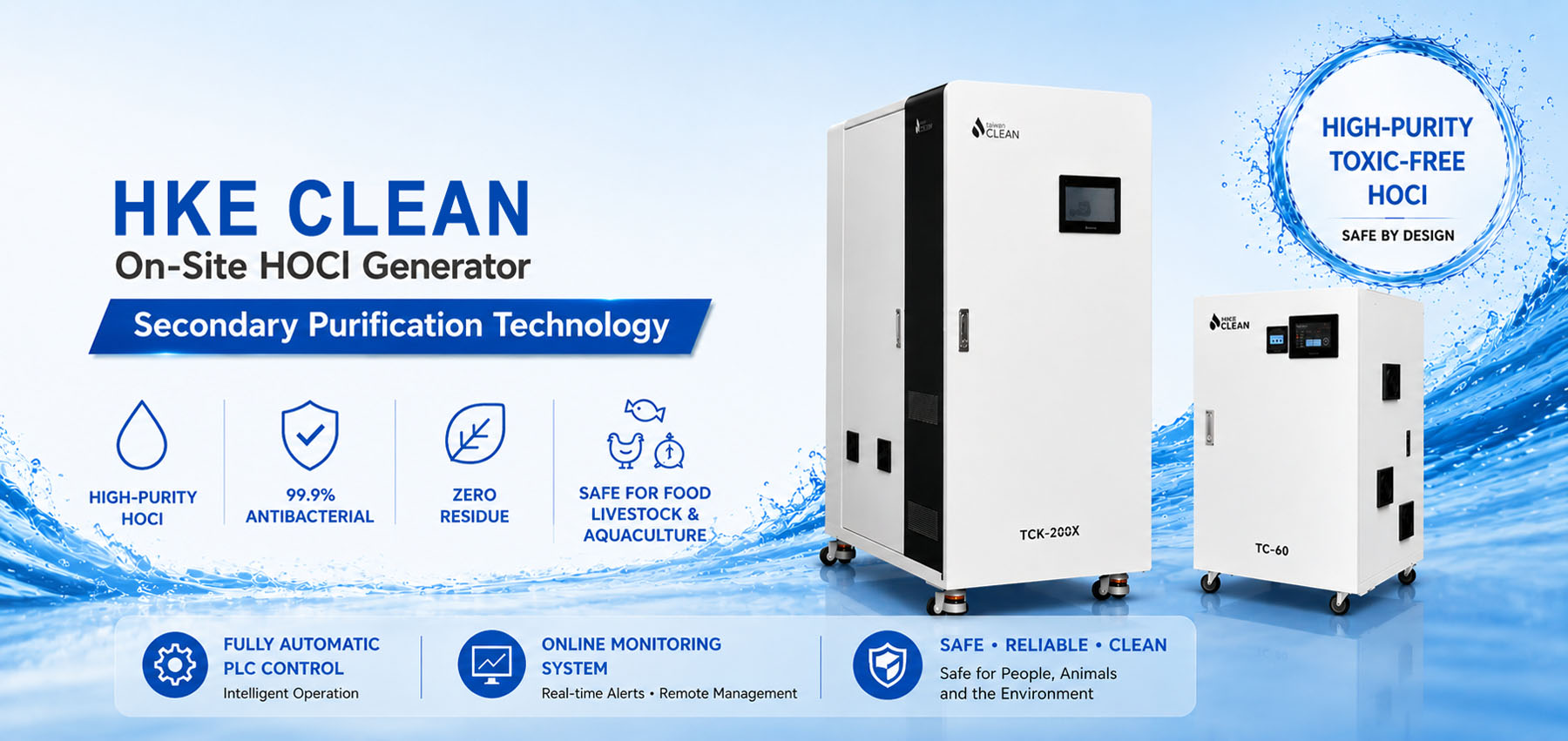 On-Site HOCl Generator producing high-purity toxic-free hypochlorous acid solution for food, livestock, aquaculture and industrial disinfection
